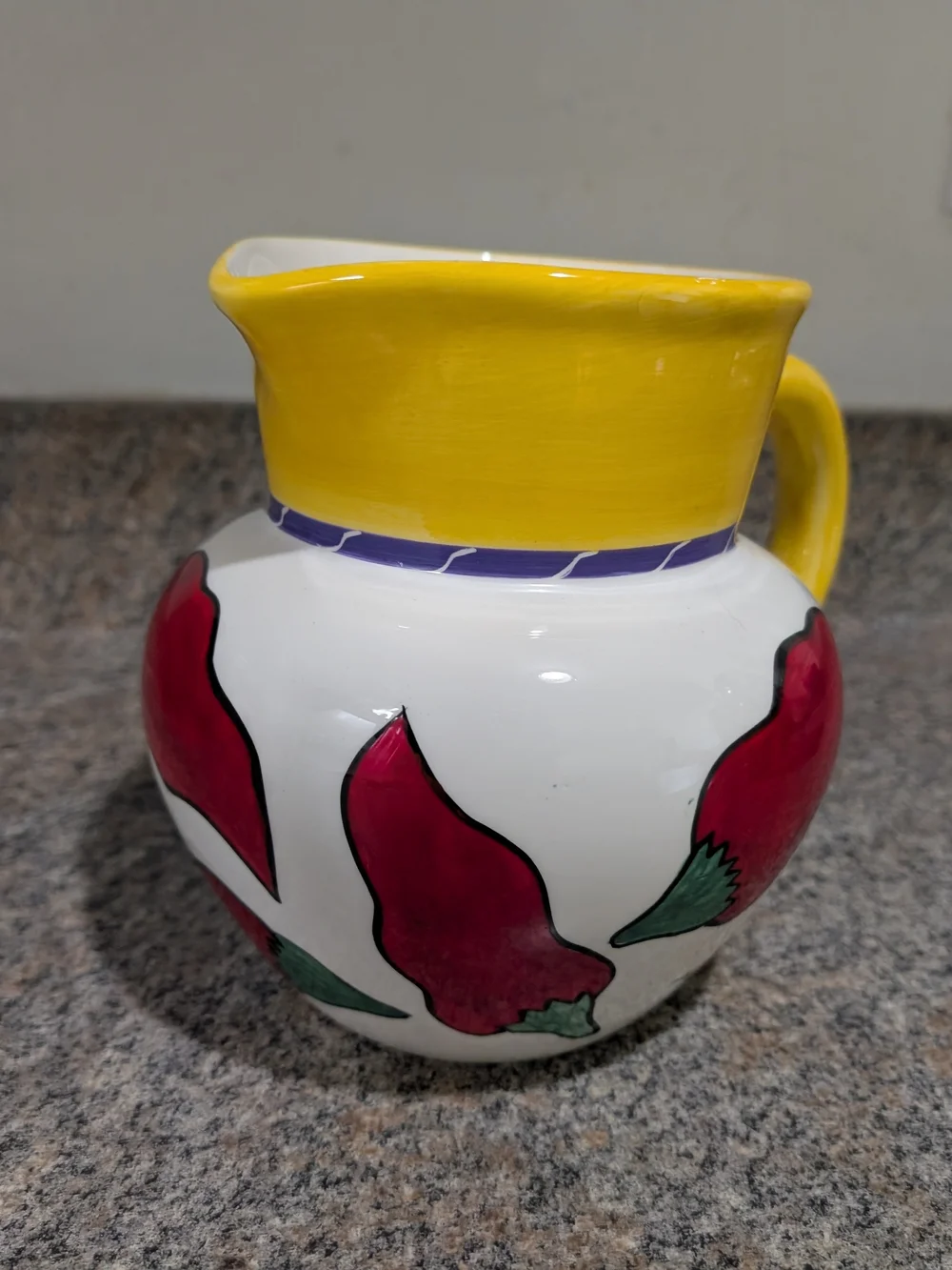 Clay Art Vintage Hand-Painted Yellow & White Ceramic Pitcher with Red Peppers
